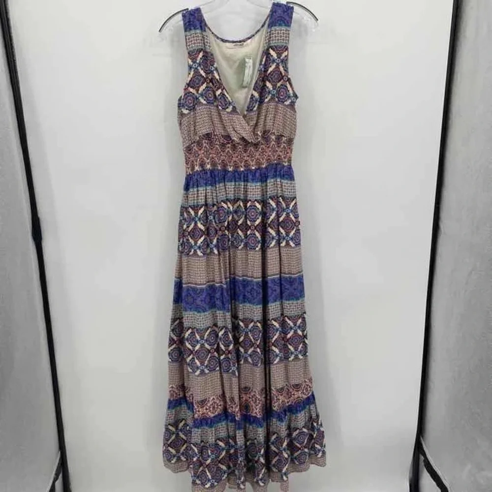 eshakti Womens Size M Sleeveless Smocked Waist A Line Mixed Print Maxi Dress